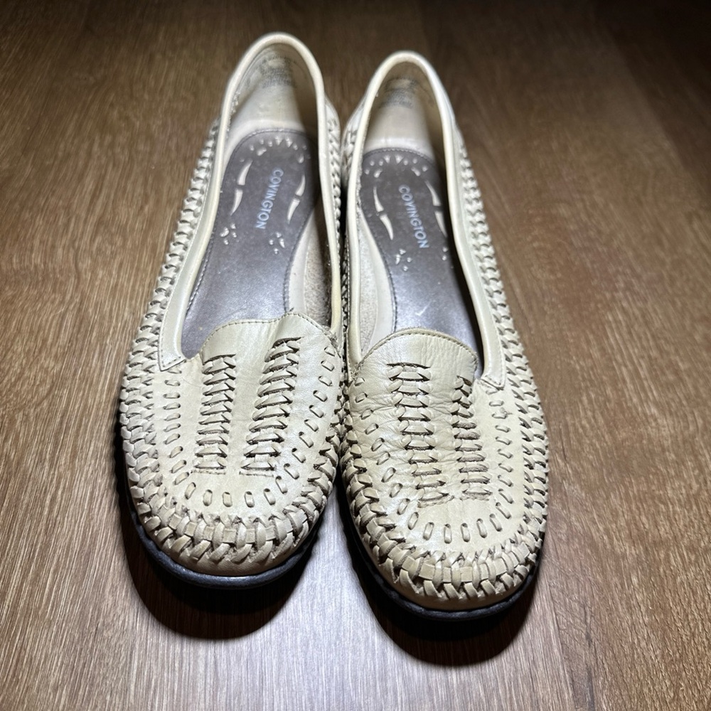 Covington Womens Woven Leather Loafers‎ Cream Huarache Slip On Flats Shoes